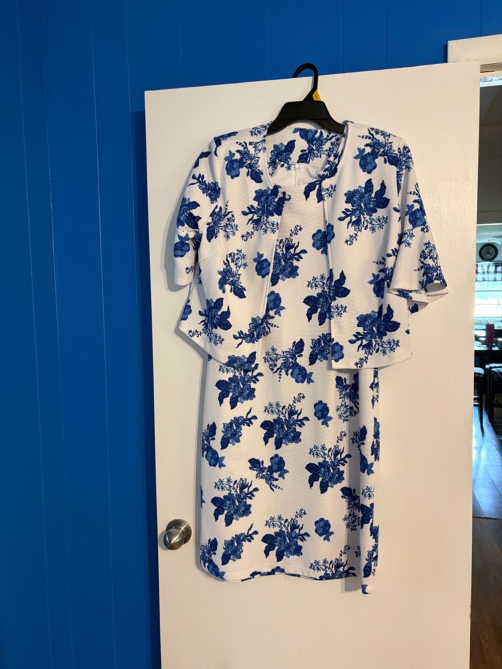 White Midi Dress with Blue Floral Print
